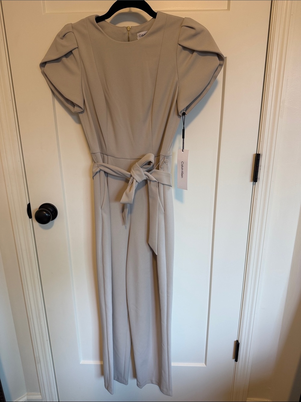 Calvin Klein Beige Tie-Waist Jumpsuit with Puff Sleeves